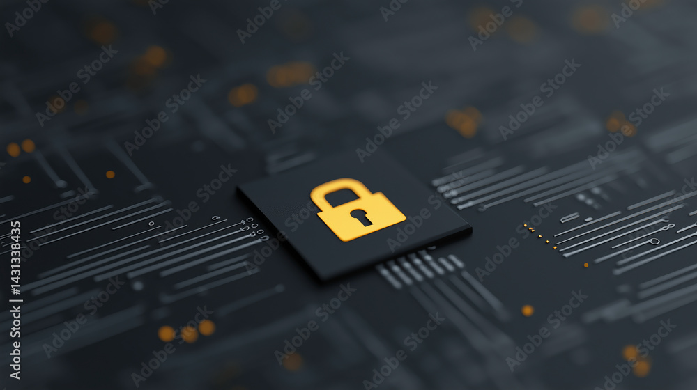Poster digital security lock icon on a dark background with circuit patterns representing cybersecurity and