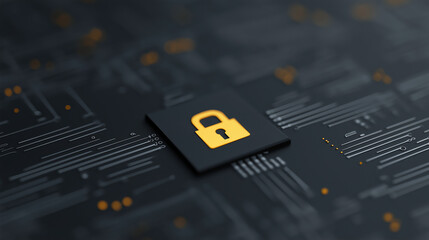 Digital security lock icon on a dark background with circuit patterns representing cybersecurity and data protection concept