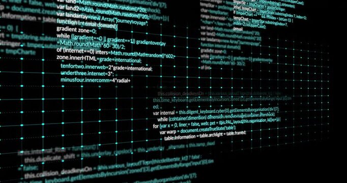Neon-blue waveform zigzagging across digital grid while JavaScript code snippets overlaying