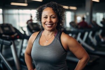 Fototapeta premium Smiling portrait of a middle aged slightly overweight woman in a gym in sports clothes