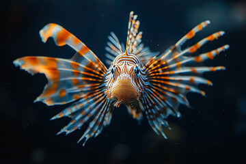 Underwater macro image of a beautiful lionfish in vivid detail.