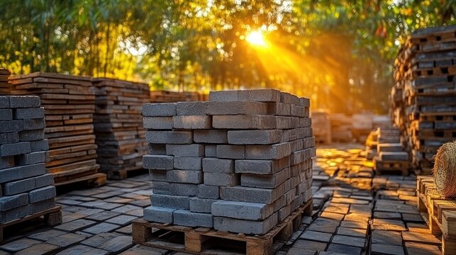 Stacks of gray bricks on pallets outdoors with sunlight filtering through trees.