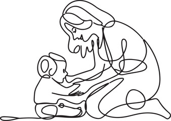 Minimalist continuous line drawing of a mother and baby in a tender embrace with clean black lines and a white background portraying maternal love and intimacy
