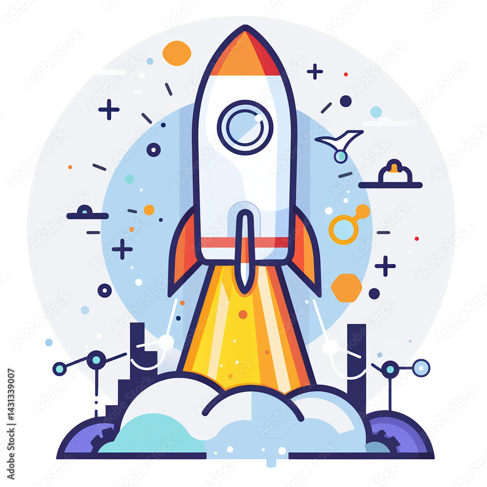Poster a colorful rocket launching into space, surrounded by stylized clouds and various celestial elements