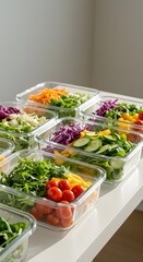 Prepared Salad Ingredients: Rows of glass containers neatly hold an array of vibrant and fresh salad ingredients, ready for assembly. The scene is clean, bright.