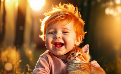 Laughing baby hugs kitten in golden sunlight. 
AI image