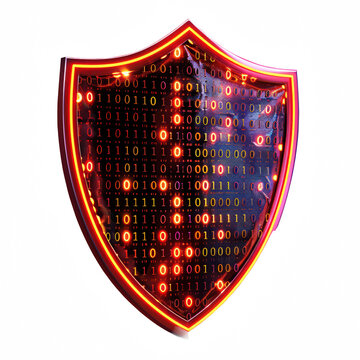 A vibrant shield design featuring glowing binary code and illuminated lights, symbolizing cybersecurity and digital protection.