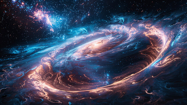 A detailed cosmic landscape with swirling energy waves and a luminous core, featuring blue and pink visual effects and a dark, starry background
