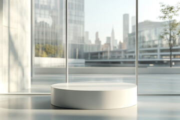 White cylindrical display platform modern city backdrop minimalist design clean aesthetic