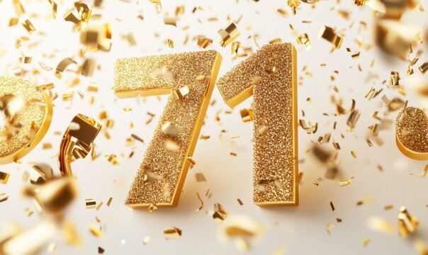 Golden Number 71 Celebration with Glitter and Confetti Background