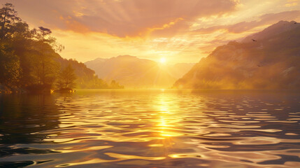 A dramatic sunrise view of a tranquil lakeside, with golden light spilling over the mountain range and illuminating the rippled water and surrounding pine trees.