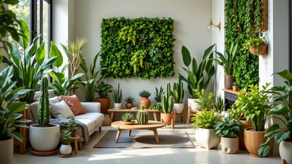 Fototapeta premium Lush Indoor Plant Oasis with Greenery, Cozy Seating and Natural Light in Modern Living Space