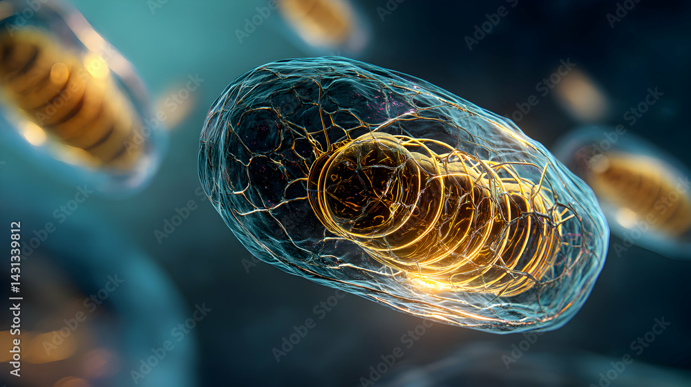Poster detailed rendering showcasing cellular mitochondria structures with intricate membranes and energy c