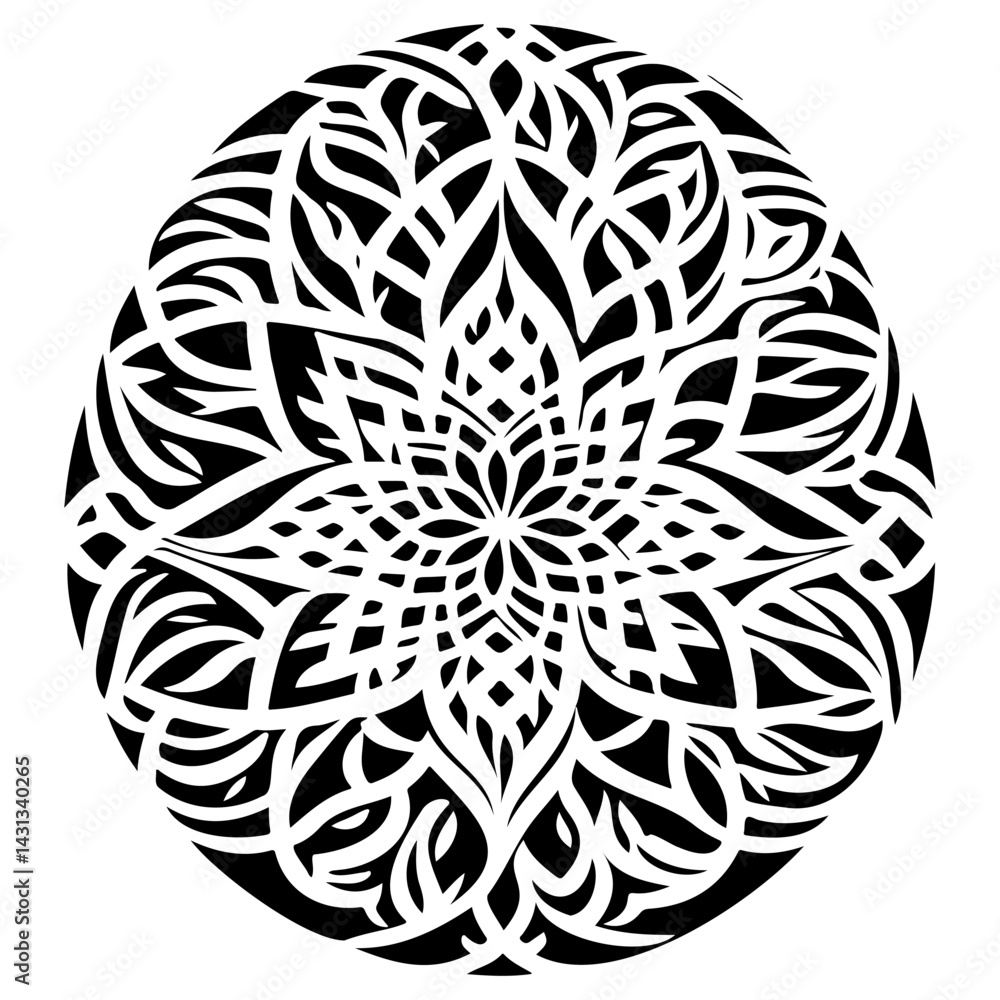 Poster intricate black and white circular pattern creating a delicate visual tapestry
