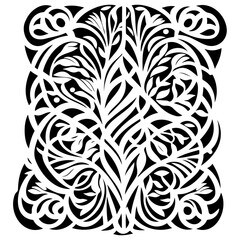 Intricate monochrome botanical pattern resembling a stylized symmetrical tree form
