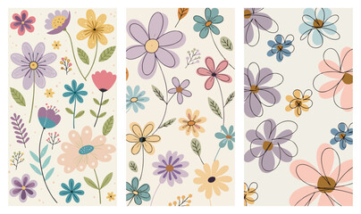 A seamless floral pattern featuring hand-drawn, continuous line flowers with soft pastel petals