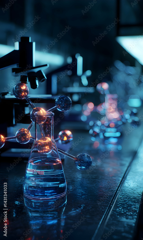 Poster illuminated laboratory showcases molecular structure with flasks in a research atmosphere
