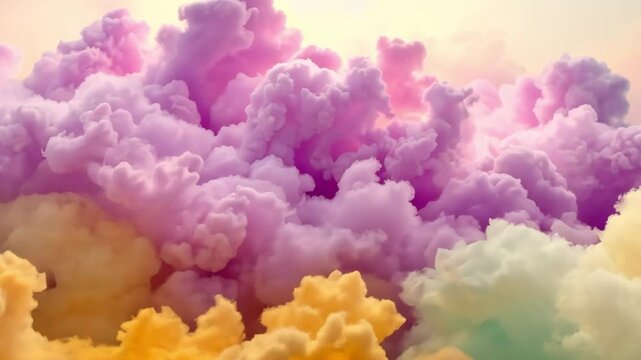 Fluffy pastel clouds in dreamy shades of pink, purple, yellow, and a hint of green fill the frame against a soft, hazy light. Ethereal and calming.
