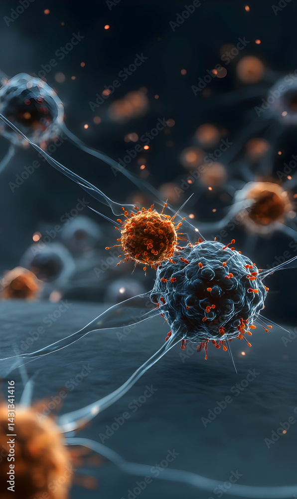 Poster depiction of the immune system with cells and pathogens interacting in a microscopic environment