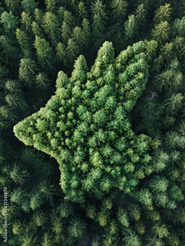 Poster abstract animal shape created by treetops viewed from above in a lush forest setting, showcasing nat