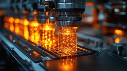 Bottles move on a conveyor belt in a factory with bright orange light.