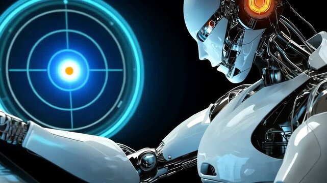 Futuristic robot interacting with a glowing holographic display, vibrant and realistic depiction, isolated with a clean modern background for technological focus.