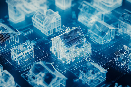 Digital house models on a blueprint showing a futuristic housing development - Powered by Adobe