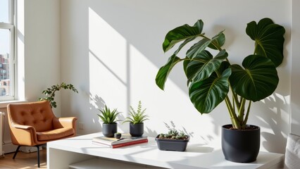 Bright and Airy Indoor Space with Stylish Plants and Cozy Seating in Modern Living Room