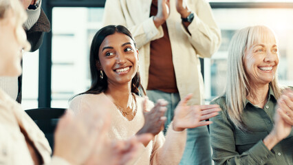 Woman, applause and group with celebration in office with smile, goals and support in meeting at...