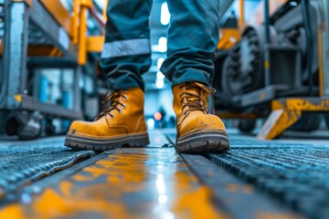 Worker with safety boots in an industrial environment
