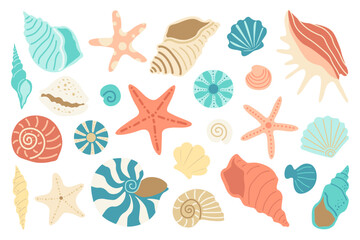 Sea shells set in flat style. Ocean underwater seashell conch aquatic mollusk, sea spiral snail, starfish, scallop. Vector illustration on white background.