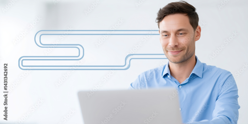 Poster professional man working on laptop in modern office with abstract lines in background representing t
