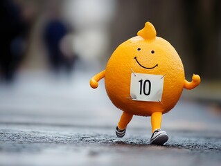 An orange fruit wearing a bib takes part in a comic marathon, bringing fun and humor to the event.