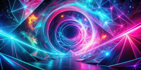 Obraz premium A cosmic dreamscape unfolds, vibrant neon lights illuminate geometric structures amidst swirling nebulas and a mesmerizing vortex.