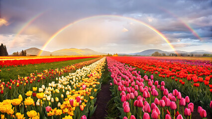 Field tulips with rainbow the sky and moun