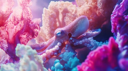 Pastel Octopus in Vibrant Coral Reef: A Dreamlike Underwater Scene