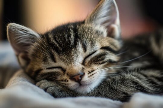 Adorable tabby kitten sleeping peacefully on a cozy blanket