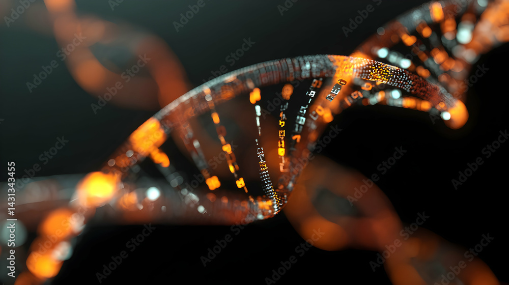 Poster digital dna strands flowing through abstract cybernetic networks illuminated with bright spots