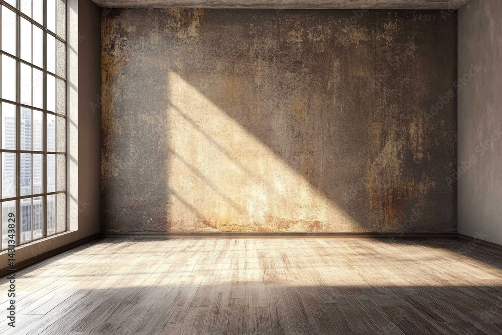 Poster sunlit empty room with rustic wall and hardwood floor large window showing city view