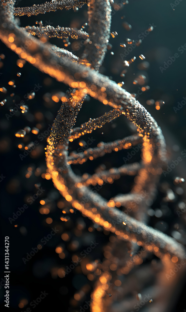 Poster detailed depiction of a dna strand model with surrounding luminous particles and dark gradient backg