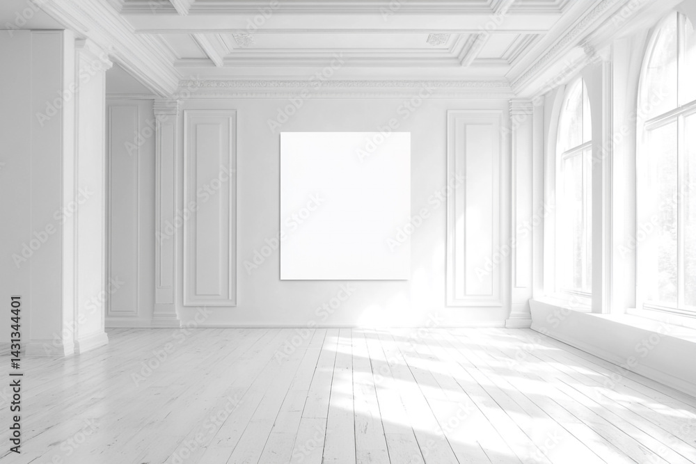 Poster bright white room with large windows and blank canvas sunlight streaming through