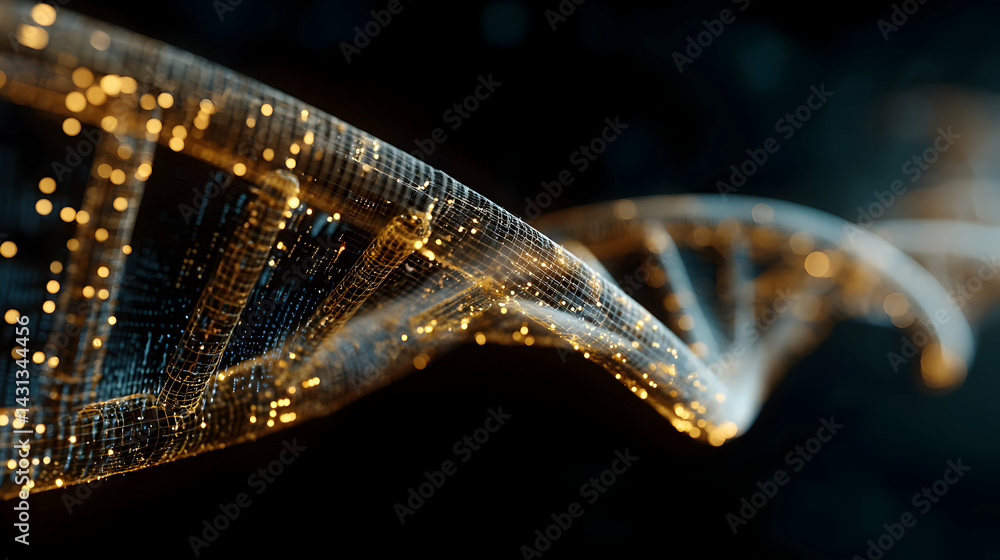 Poster a luminous depiction of genetic strands interlaced with digital pathways emphasizing scientific conc