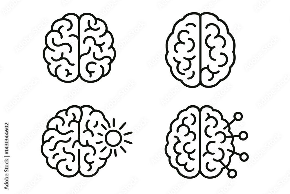 Poster icon set showcasing brain illustrations with various concepts related to thought, creativity, and in