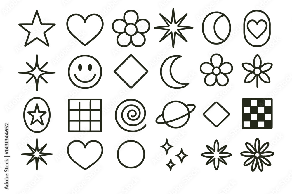 Poster various icons and symbols representing emotions, nature, and shapes suitable for digital design proj