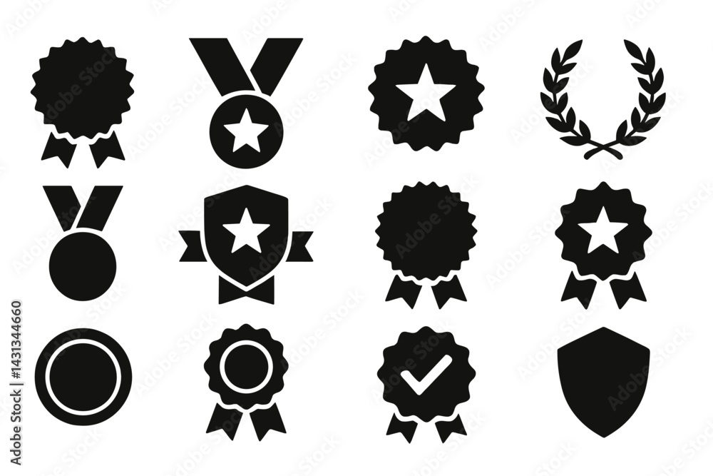 Aufkleber Icon set featuring various award and achievement symbols in a minimalistic black design for use in projects