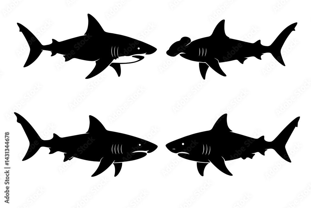 Poster icon set featuring various shark silhouettes in dynamic positions suitable for diverse design applic