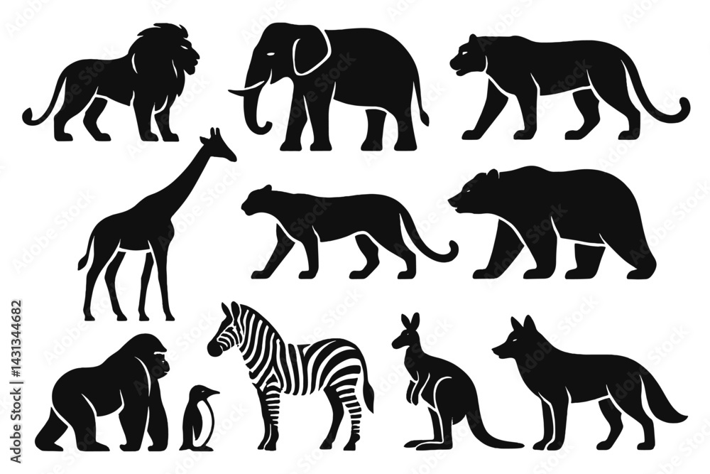 Poster black silhouette icon set featuring various animals in simple designs suitable for diverse applicati