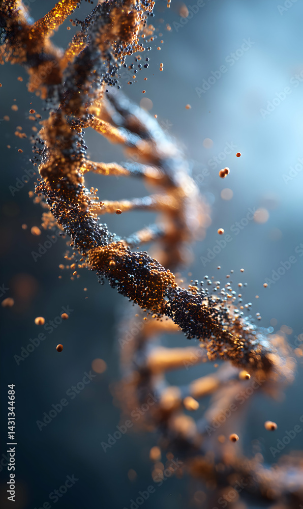 Poster enigmatic dna helix unraveling with particles highlighting genetic complexity and biotechnology inno