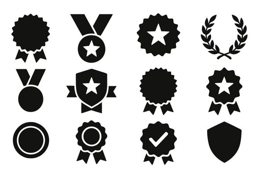 Icon set featuring various award and achievement symbols in a minimalistic black design for use in projects