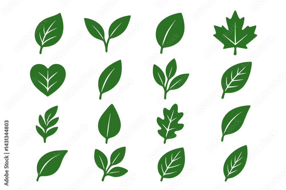 Poster collection of green leaves icons featuring various shapes and sizes suitable for natural-themed desi